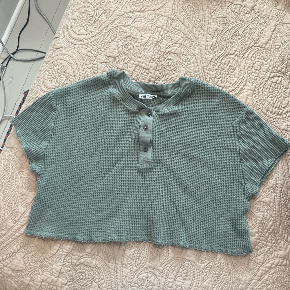 Zara Green Waffle Cropped Tee